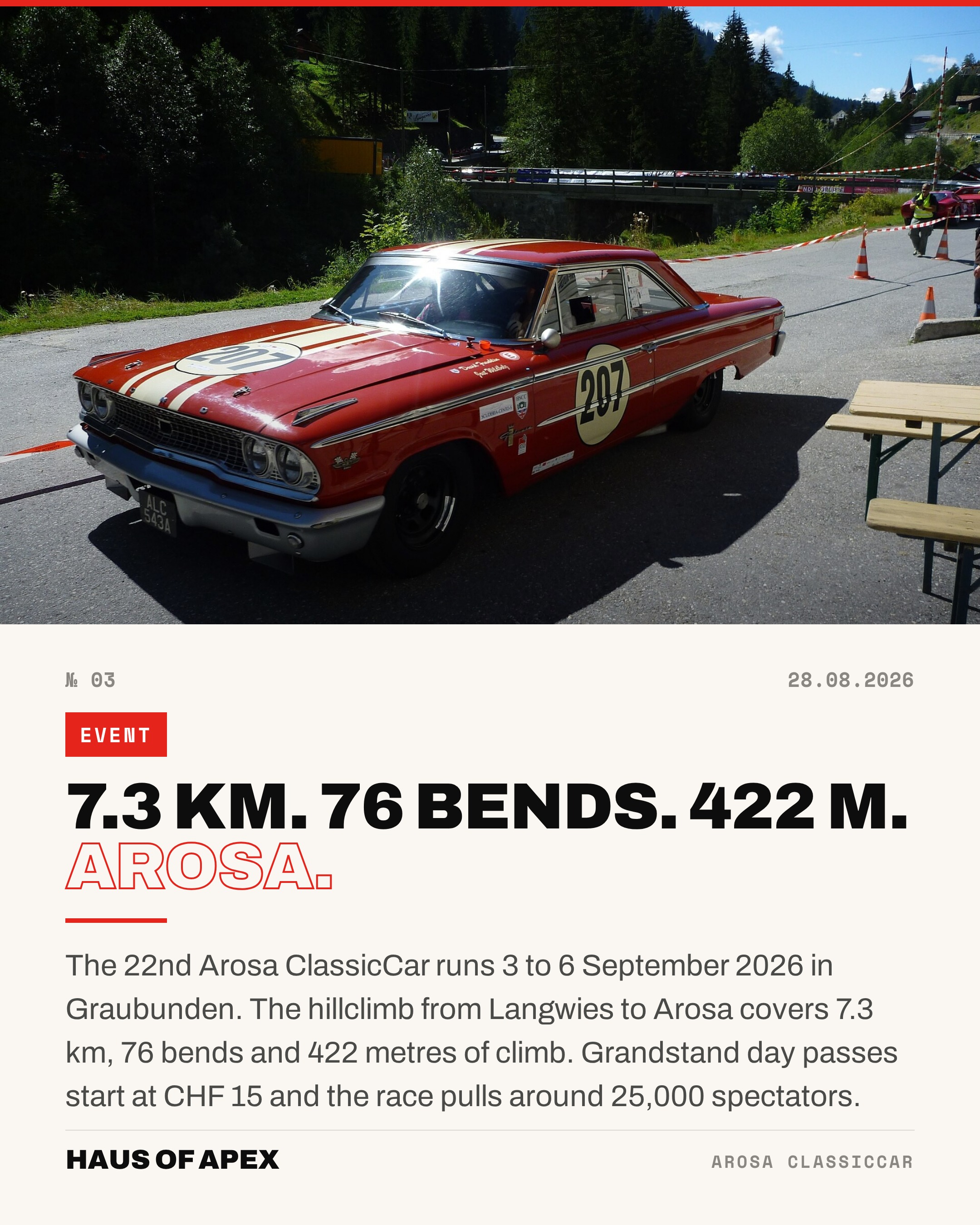 7.3 KM. 76 Bends. 422 M. Arosa.